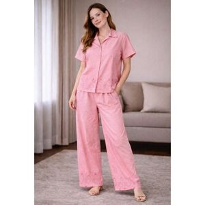 Vintage Victoria Secret Cotton Pajama Set Short Sleeve Button Top Wide lingerie